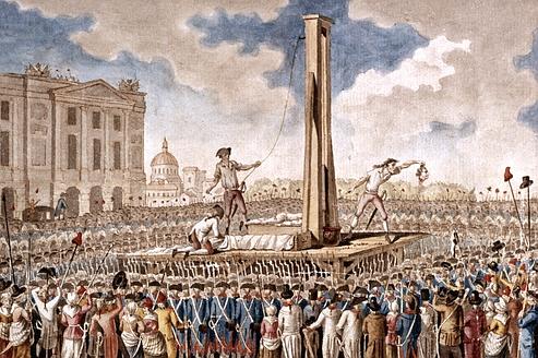 Fin tragique de Louis XVI, roi de France de la dynastie des Bourbons (1754-1793), estampe du 18e siecle, representant son execution a la guillotine place de la Revolution (aujourd'hui place de la Concorde) a Paris, le 21 janvier 1793 (gravure conservee au musee Carnavalet) --- Tragic end of Louis XVI, king of France, engraving dating of the 18th century, representing his execution with the guillotine Place of the Revolution in Paris, on january 21st, 1793